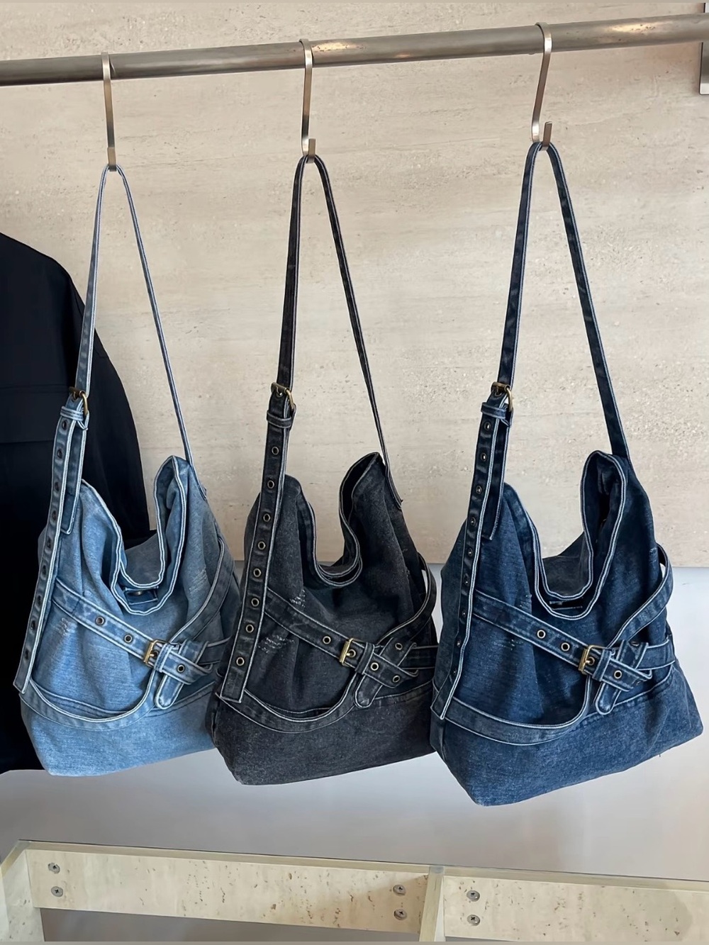Denim Belted Slouch Hobo Bag Dark Wash Blue